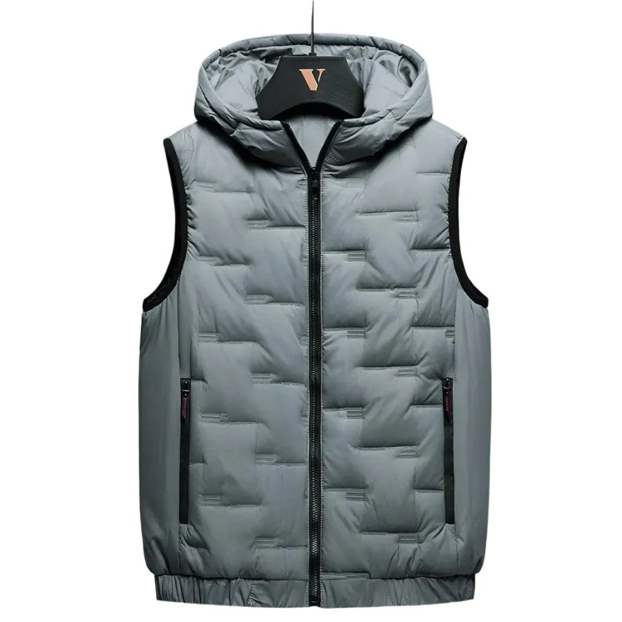 Winter Men's Warm Hooded Vest Jacket - Rectangular Embossed Down Cotton Design