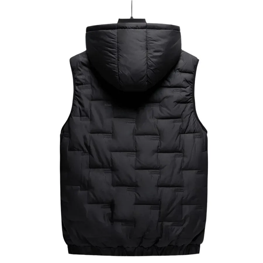 Winter Men's Warm Hooded Vest Jacket - Rectangular Embossed Down Cotton Design