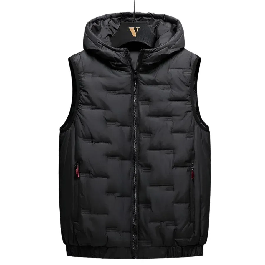 Winter Men's Warm Hooded Vest Jacket - Rectangular Embossed Down Cotton Design