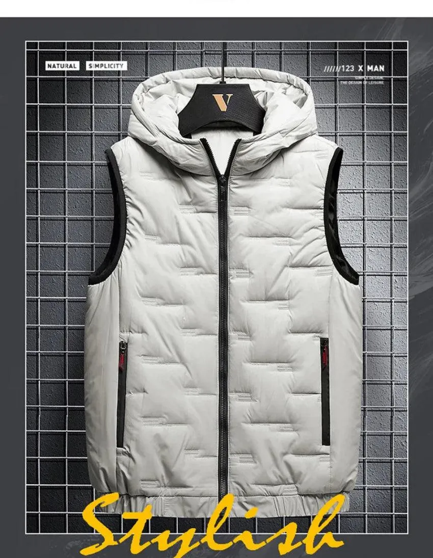 Winter Men's Warm Hooded Vest Jacket - Rectangular Embossed Down Cotton Design