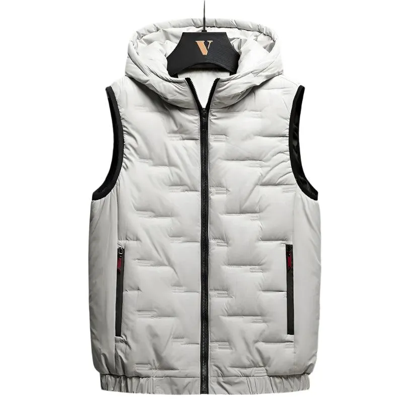 Winter Men's Warm Hooded Vest Jacket - Rectangular Embossed Down Cotton Design