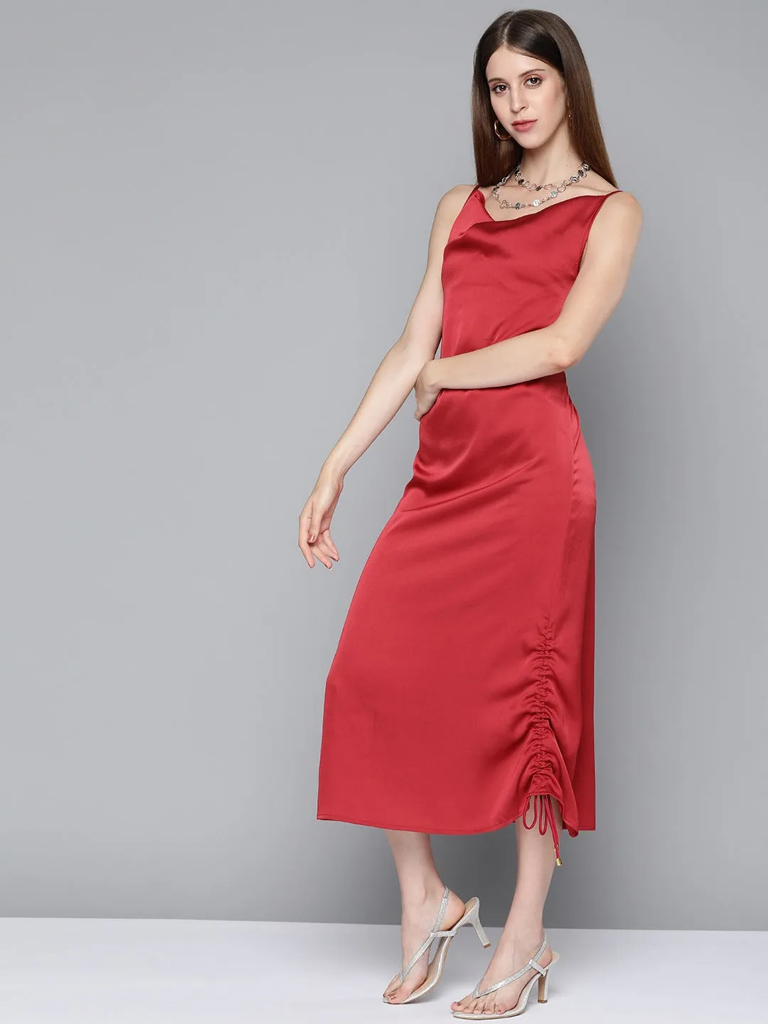 Women Maroon Satin Side Rouching Slip