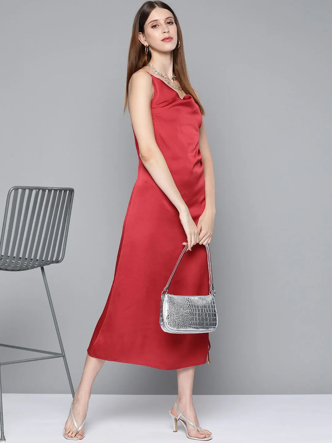 Women Maroon Satin Side Rouching Slip