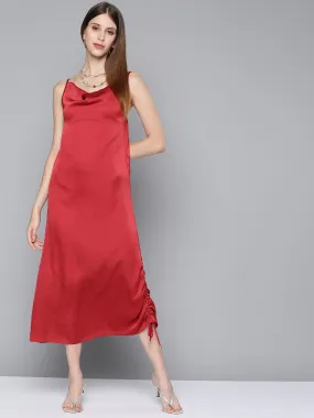 Women Maroon Satin Side Rouching Slip