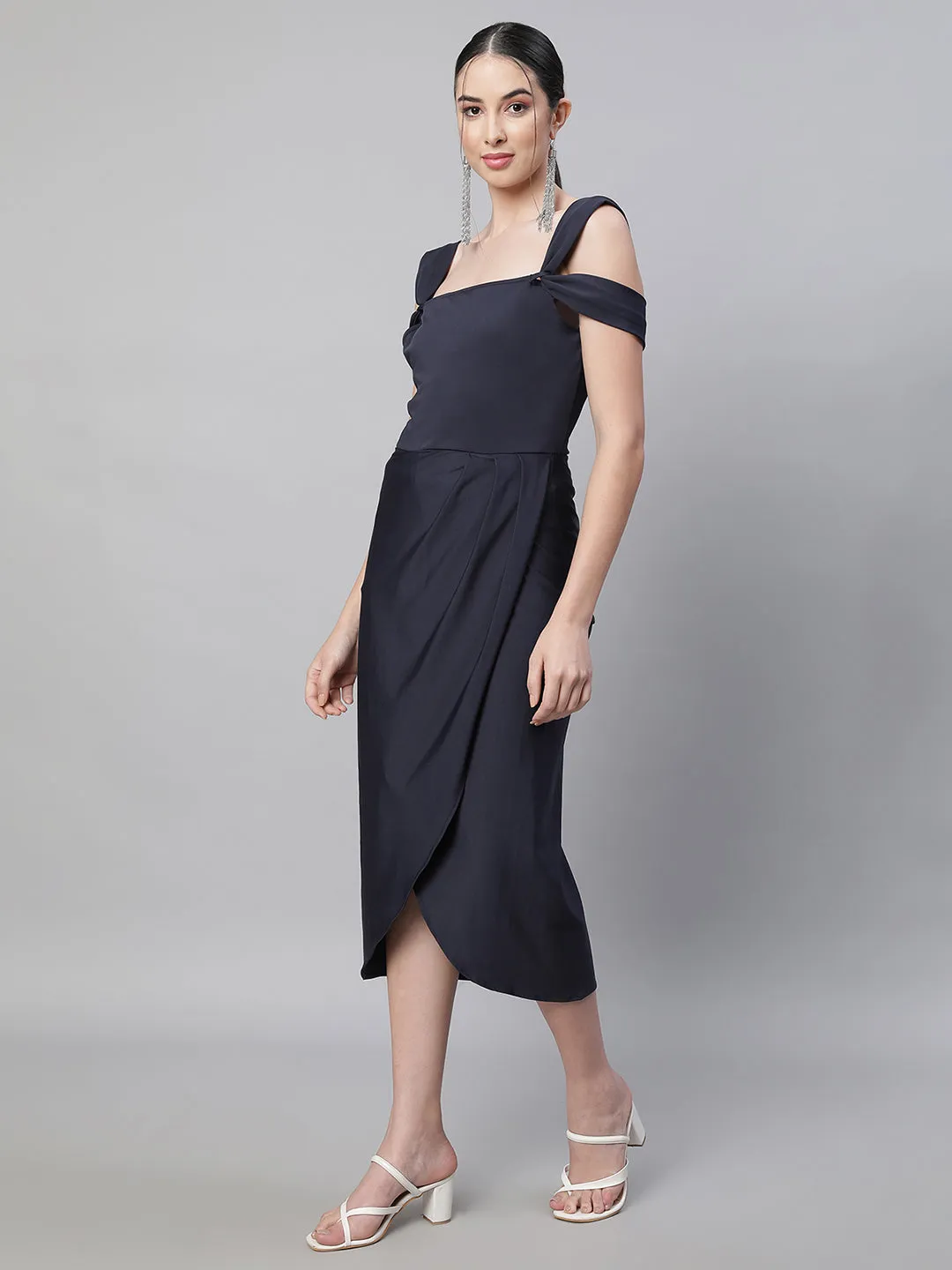 Women Navy Blue Square Neck Asymmetric Hem Dress