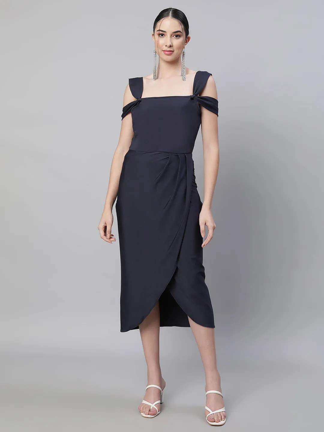 Women Navy Blue Square Neck Asymmetric Hem Dress