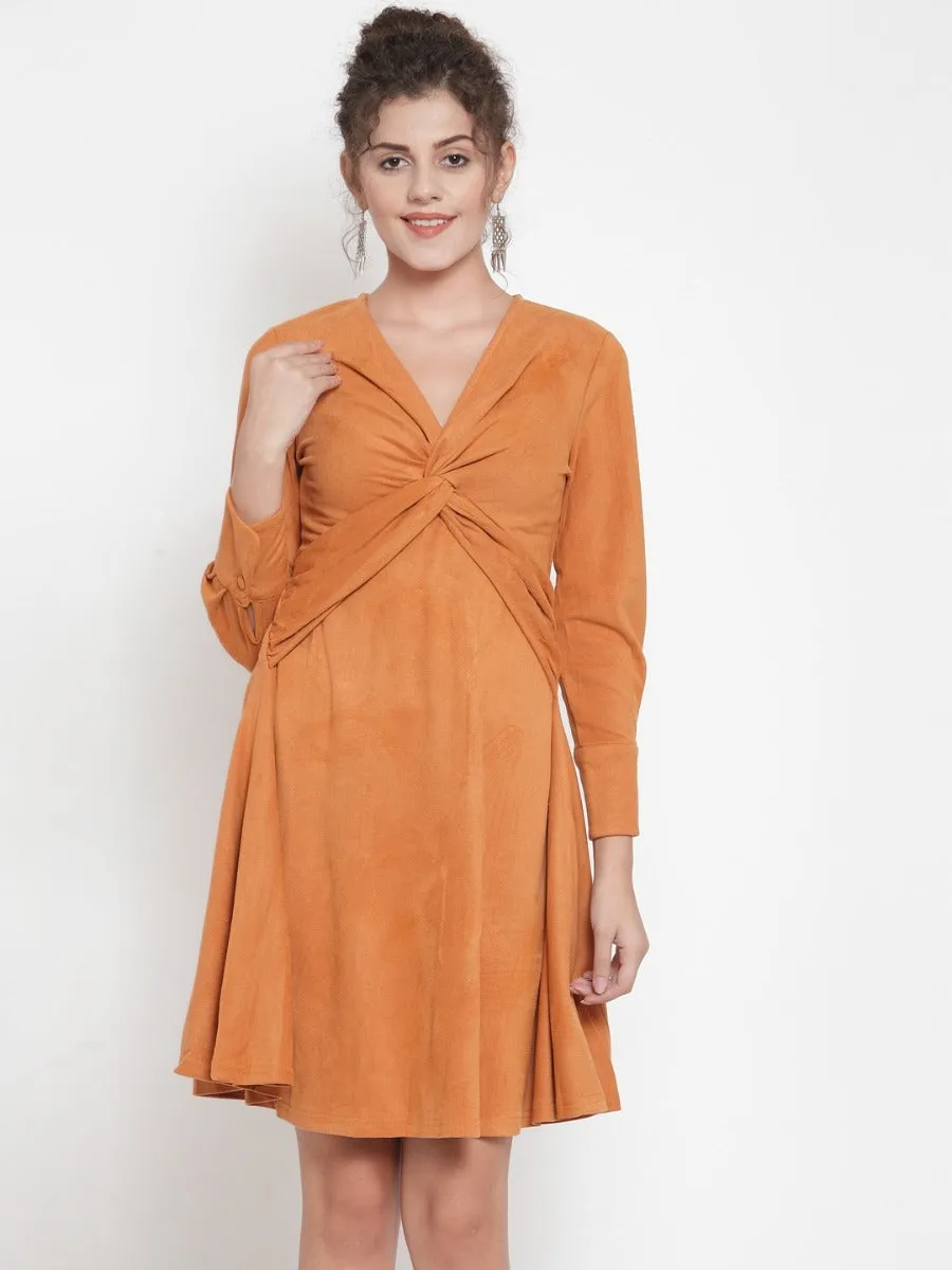 Women Solid Rust Round Neck Dress