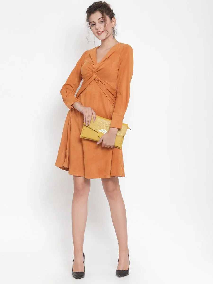 Women Solid Rust Round Neck Dress