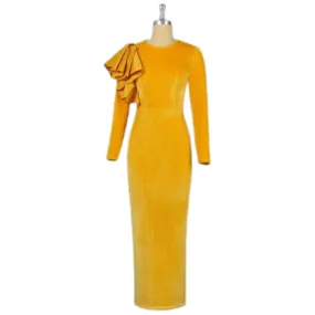 Yellow Velvet Draped Sleeve Bodycon Dress